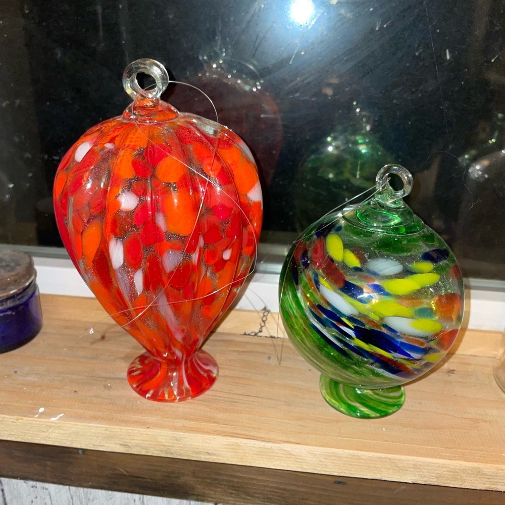 2 blown glass window hanging globes